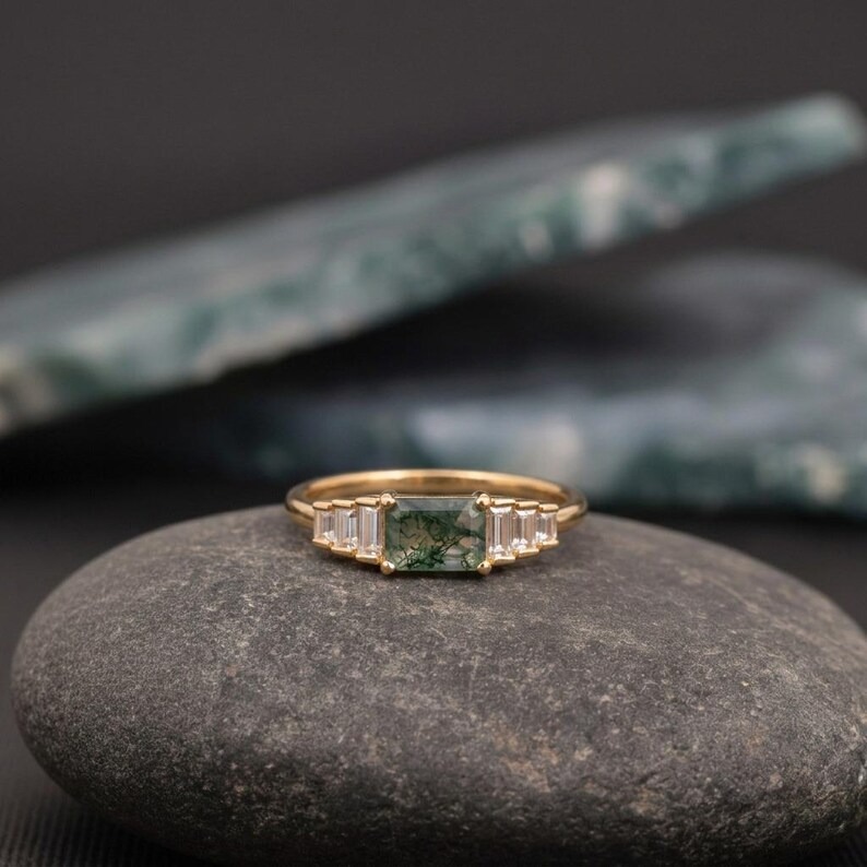 14K Solid Gold Moss Agate with Moissanite Cluster Ring, Solid Gold Baguette Gemstone Ring, Natural Green Moss Agate Baguette Engagement Ring