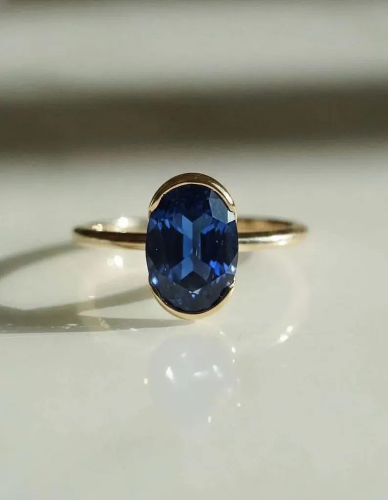 3 CT Fancy Half Bezel Setting Oval Cut Sapphire Engagement Ring, Solitaire Oval Wedding Ring, Personalized Jewelry, Sapphire Gifts For Women