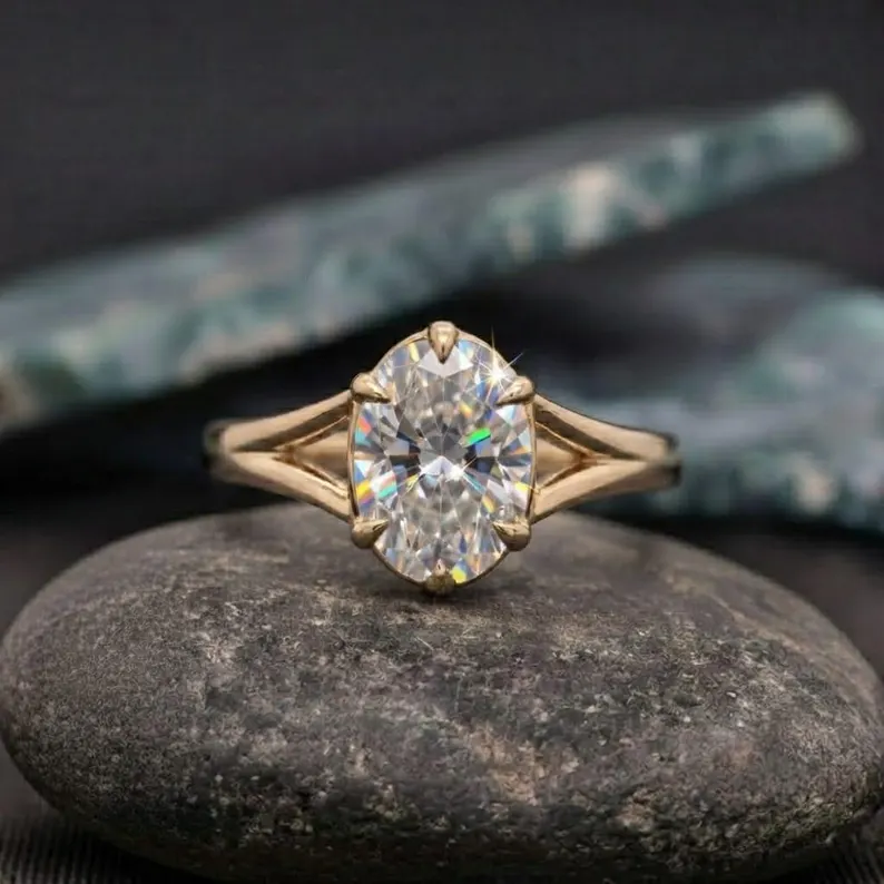 Antique Oval Cut Moissanite Engagement Ring, 14k Gold Shank Solitaire Diamond Ring, Split Shank Wedding Promise Ring, Anniversary Gift Ring
