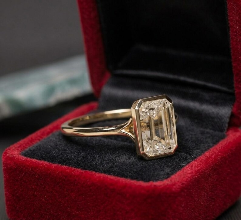 3 CT Emerald Cut Moissanite Engagement Ring 14K Gold Ring Bezel Set Wedding Rings Moissanite Bezel Set Solitaire Ring Promise Ring for Women