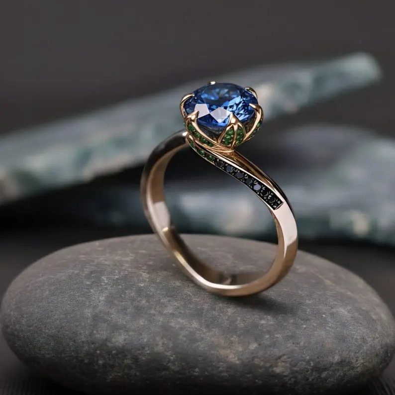 Blue Sapphire Engagement Ring, 14k Gold Round Cut Blue Gemstone Ring, Handmade Art Deco Green And Black Accents Ring, Anniversary Jewelry