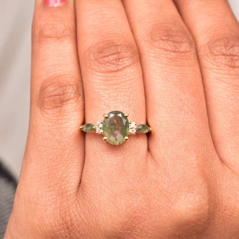 1.5ct Oval Cut Natural Moss Agate Engagement Rings Rose Gold Silver Cluster Aquatic Agate Promise Ring Marquise Moss Moissanite Wedding Ring