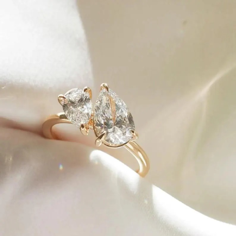 Toi Et Moi Moissanite Engagement Ring, Moissanite Pear Cut Baby & Mom Promise Ring, Double Stone Ring, 14K Solid Gold Anniversary Ring Gifts