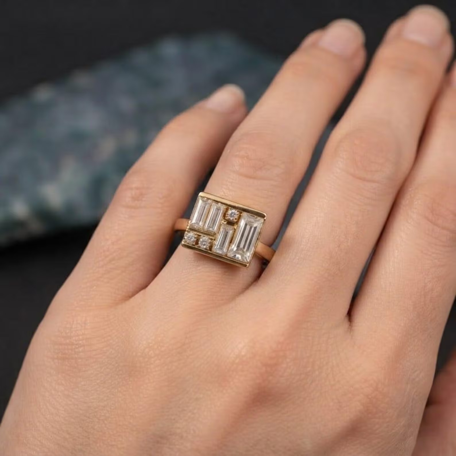 Multi Baguette Moissanite Box Ring, Antique Statement Ring, Unique Wedding Ring, Bezel Elegant Geometric Ring, Art Deco Gift For Women