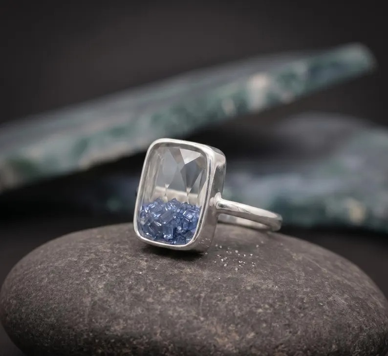 Rectangle Shaker Ring, Minimalist Statement Ring, Sterling Silver Shaker Ring Princess Shaped Sapphire Shaker Ring, Modern Geometric Jewelry