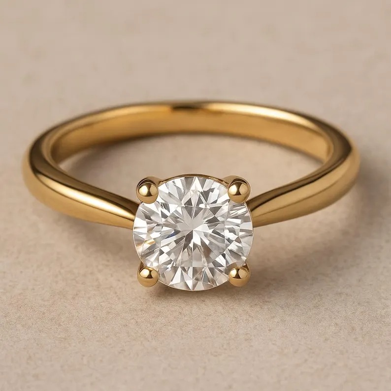 14K Handmade Gold Solitaire Ring Brilliant Round Cut Moissanite Single Stone Engagement Ring, Minimalist Gold Jewlery, Anniversary Gift Ring