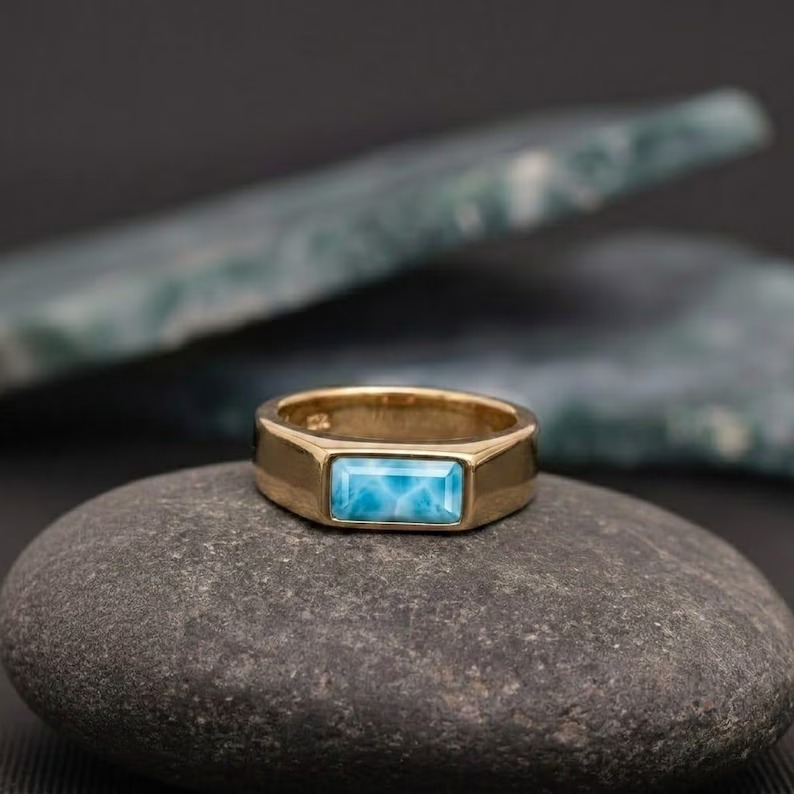 Dainty Blue Larimar 14k Gold Signet Ring, Minimalist Unisex Statement Ring, Baguette Gemstone Ring, Promise Ring, Christmas Gift For Her