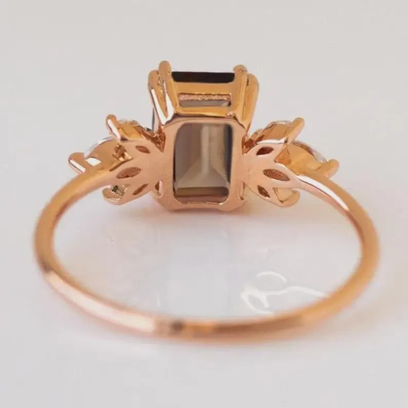 Smoky Quartz & Black Onyx Ring, Emerald Cut Wedding Ring, Cluster Bridal Ring, 14K Solid Gold Anniversary Ring, Double Prong Setting Ring