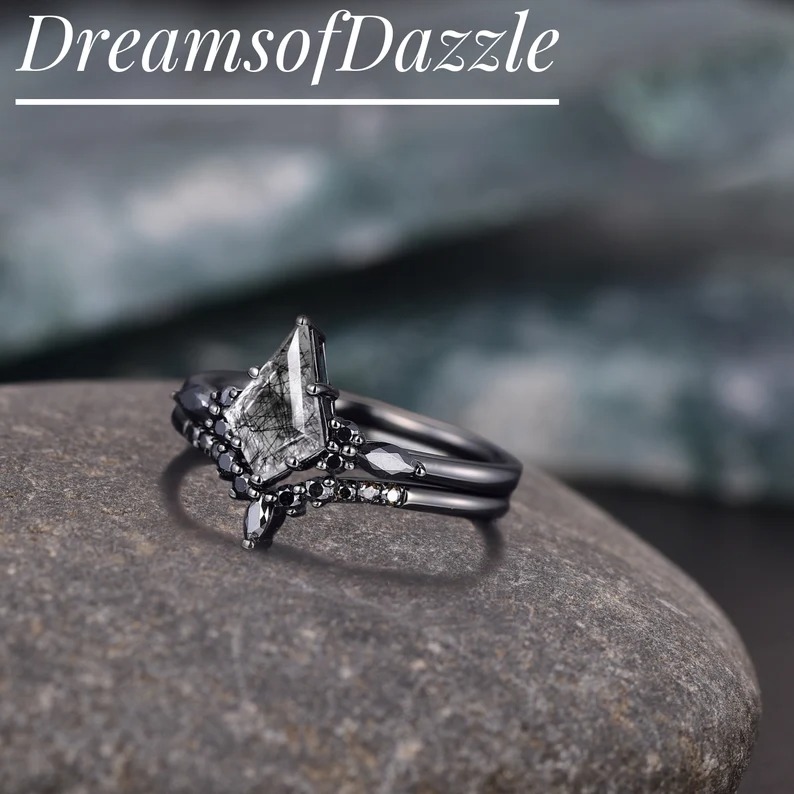 Black Gold Kite Cut Black Rutilated Quartz Engagement Ring Set, Witchy Black Promise Ring, Black Wedding Ring Set, Goth Black Bridal Set
