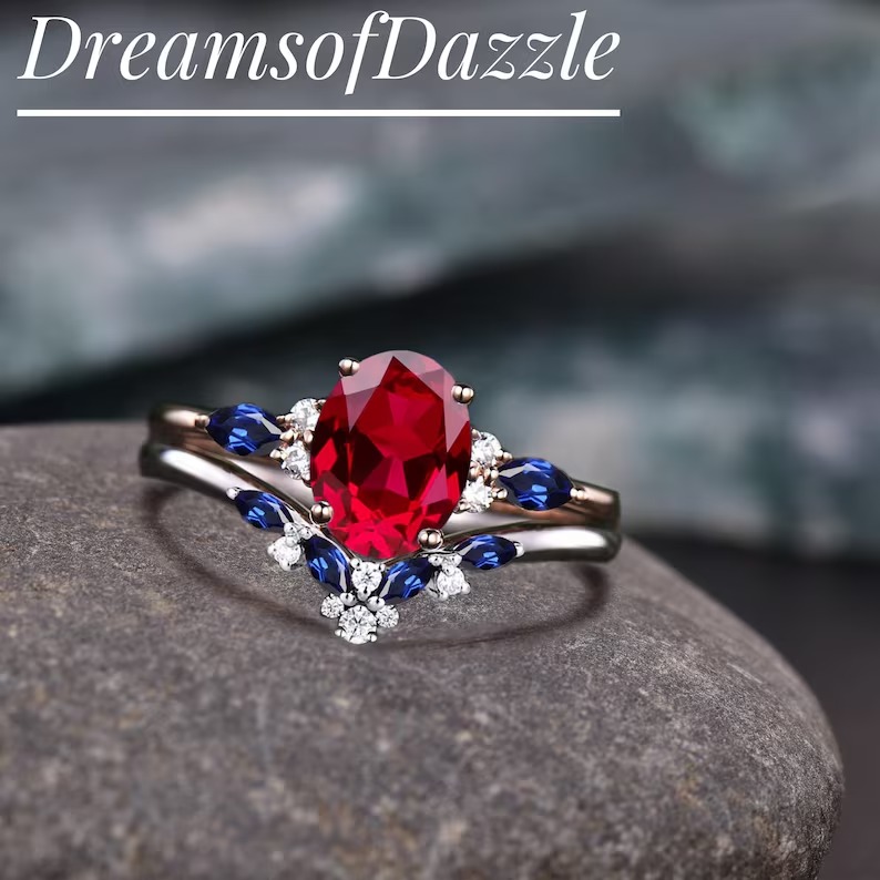 Vintage Oval Red Ruby Engagement Ring Set, Antique Unique Cluster Diamond Bridal Wedding Ring Set, Sapphire Wedding Band, Promise Ring