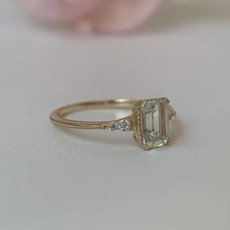 Vintage Green Amethyst Emerald Cut Ring, 14K Solid Yellow Gold Engagement Ring, CZ Round Cut Moissanite Anniversary Ring, Christmas Gift