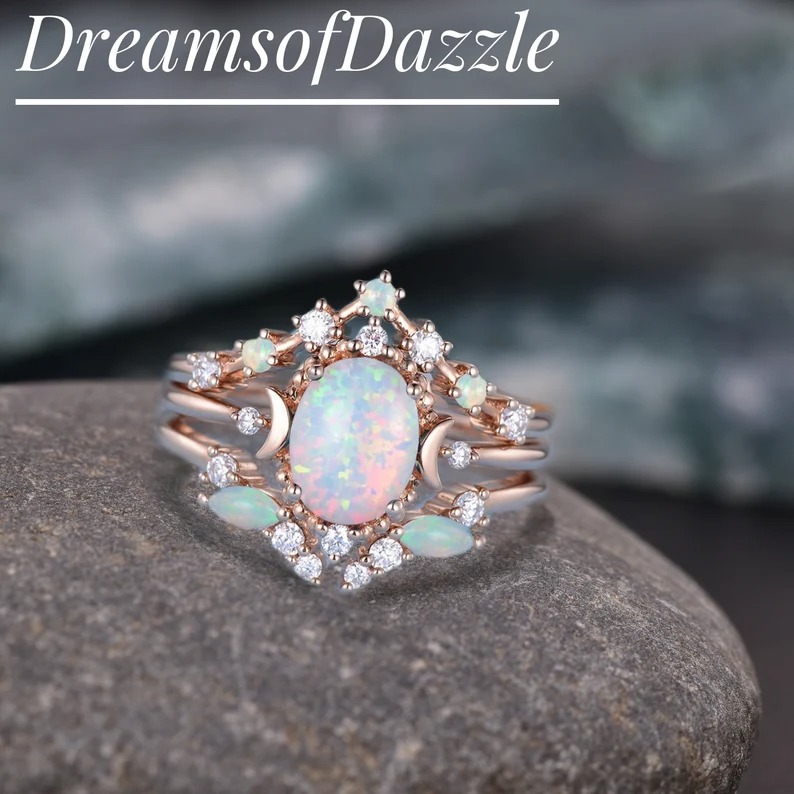 1.5ct Vintage Moon Engagement Ring Celestial Wedding Ring Set Oval Cut Moissanite Engagement Ring Set Rose Gold Women Bridal Set Unique