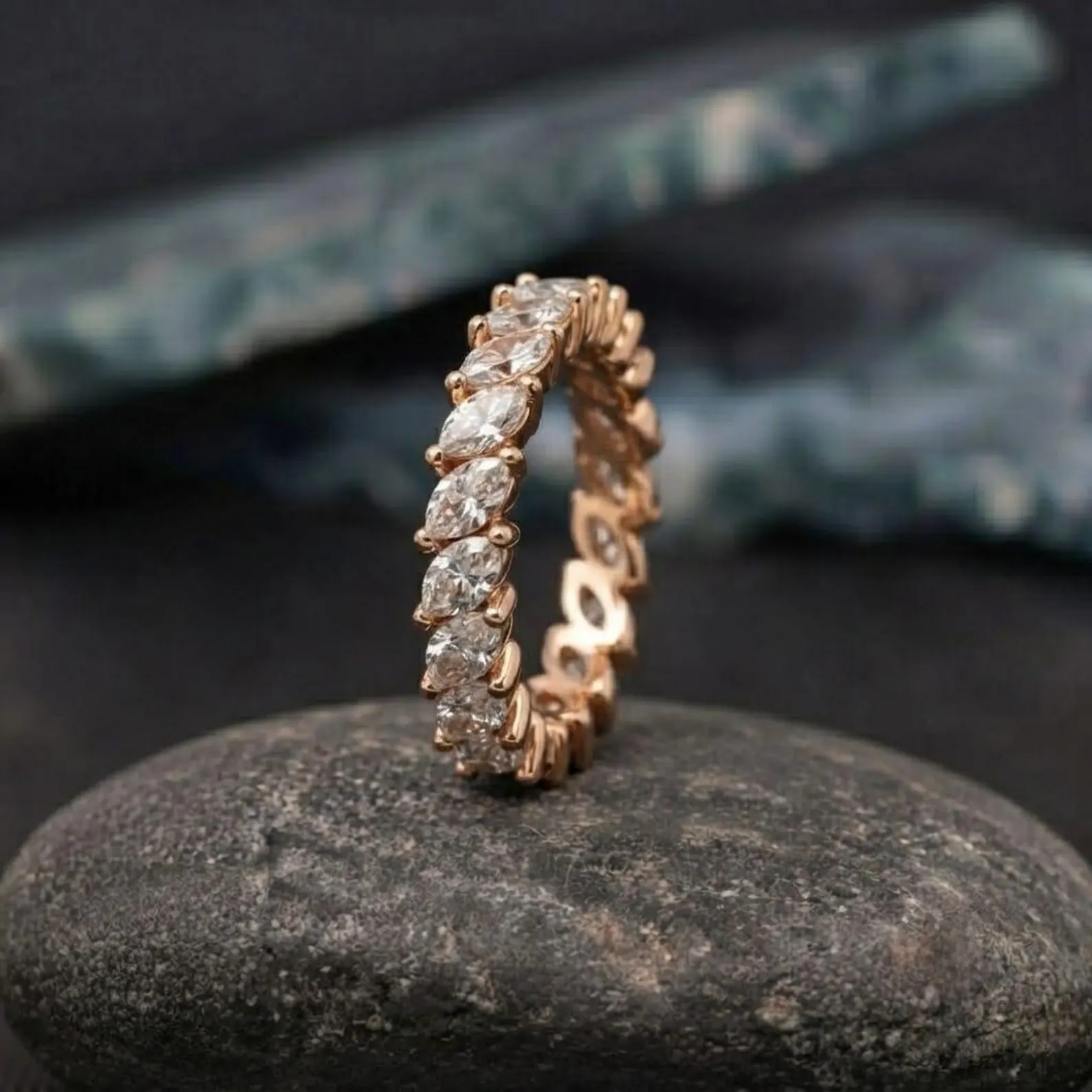 Marquise Diamond Eternity Band, Gold Wedding Band, Vintage Marquise Cut Ring, Anniversary Gold Band, Stacking Bridal Diamond Ring Gifts