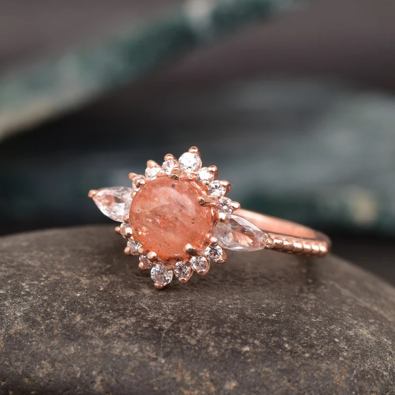 Round Cut Natural Sunstone Engagement Ring, Gemstone Heal Crystal Ring, Energy Jewelry Gift Women, Promise Ring, Minimalist Wedding Ring