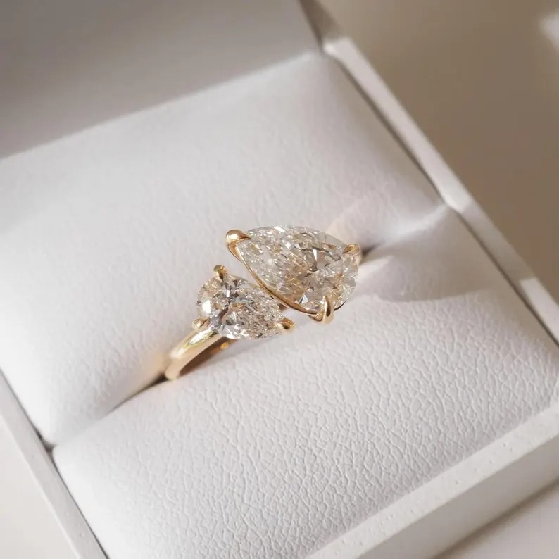 Toi Et Moi Moissanite Engagement Ring, Moissanite Pear Cut Baby & Mom Promise Ring, Double Stone Ring, 14K Solid Gold Anniversary Ring Gifts