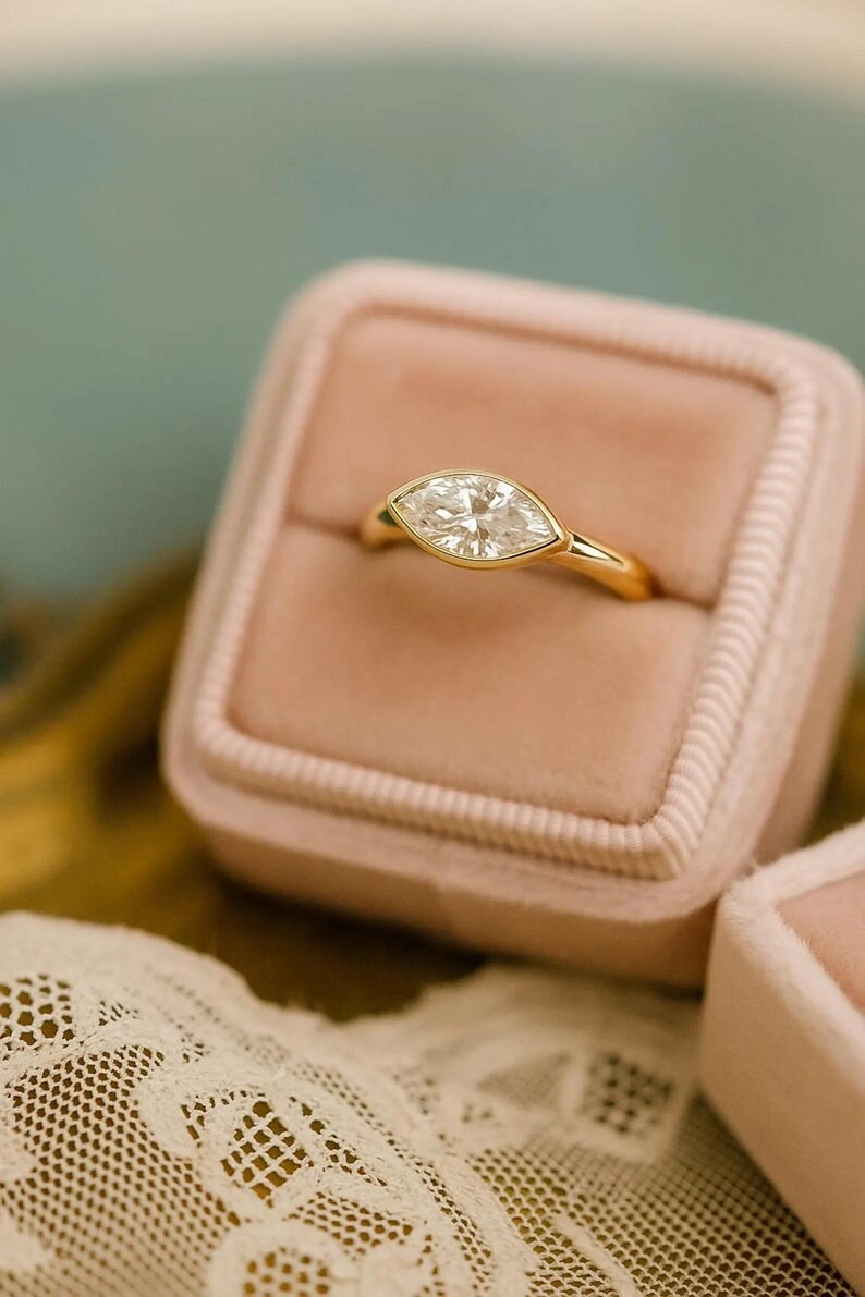 Marquise Moissanite Ring: East-West Sterling Silver Signet, Bezel Set Diamond wedding ring, Promise Ring Diamond Solitaire Delicate Ring