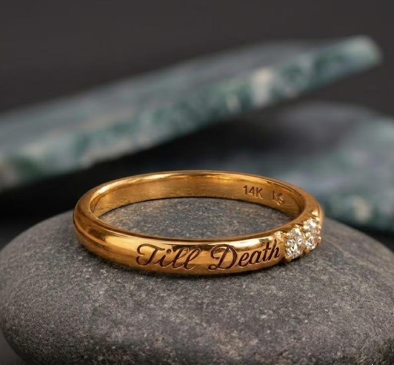 Till Death Diamond Ring, Gold Engraved Wedding Band, Gothic Promise Ring, Anniversary Jewelry, Alternative Engagement Ring Gift for Couples