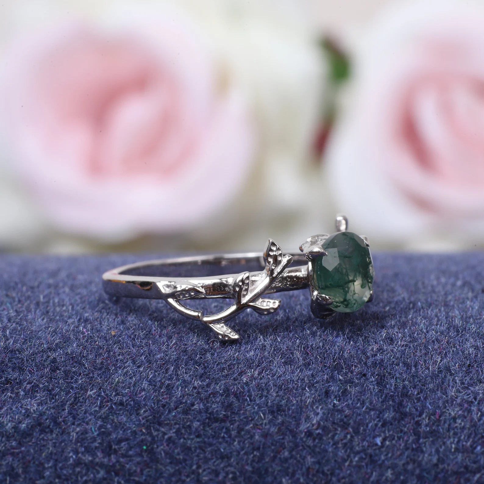 Vintage moss agate engagement ring Art deco leaf promise ring Nature inspired solid 14K 18K white gold cluster ring Unique Anniversary gifts