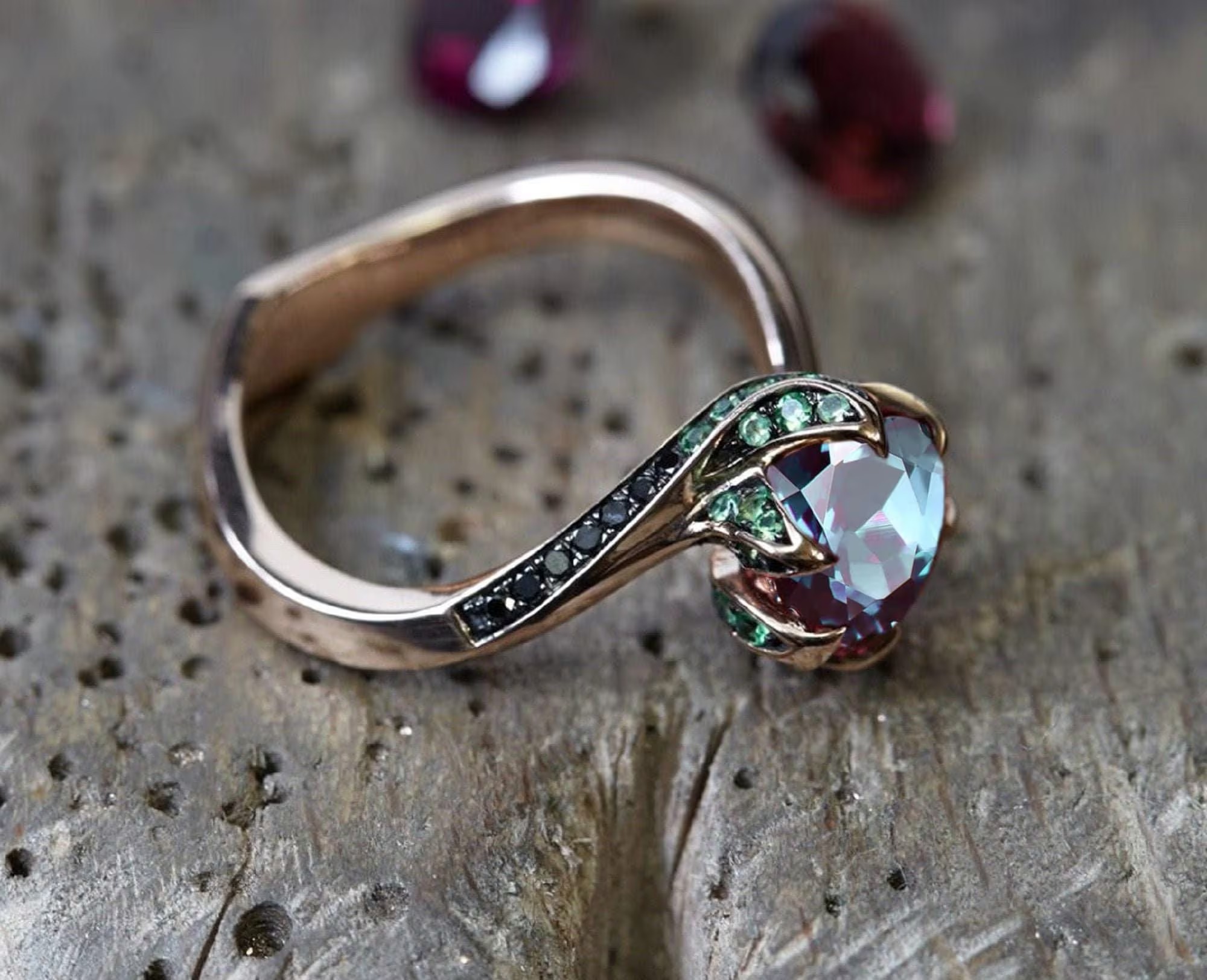 Alexandrite Engagement Ring Emerald Ring Color Change Alexandrite Ring Vintage Ring Rose Gold Alexandrite Ring Unique Ring Promise Ring