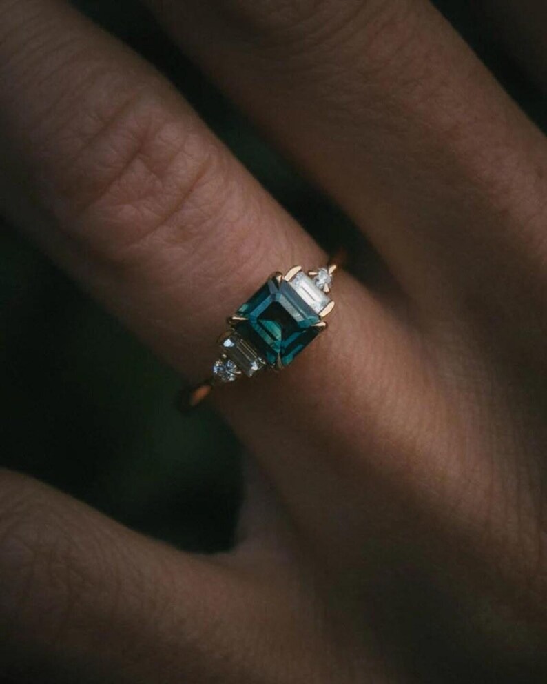 Princess Cut Sapphire Engagement Ring, Personalized Gift For Women, Baguette Art Deco Round Diamond Cluster Ring, Teal Sapphire Gift Ring
