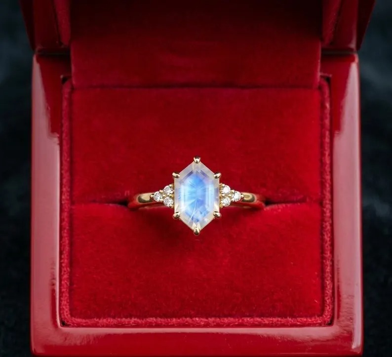 Hexagon Rainbow Moonstone Ring, 18K Gold Ring, June Birthstone Ring, Ring for Women, Handmade Jewelry, Gift for Women, Solitaire Gold Ring