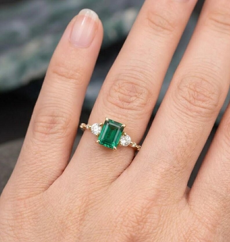 Green Emerald Engagement Ring, Classic Gold Ring with Diamond Accents, Vintage Emerald Cut Green Gemstone Ring, Christmas Gift, Gift For Her