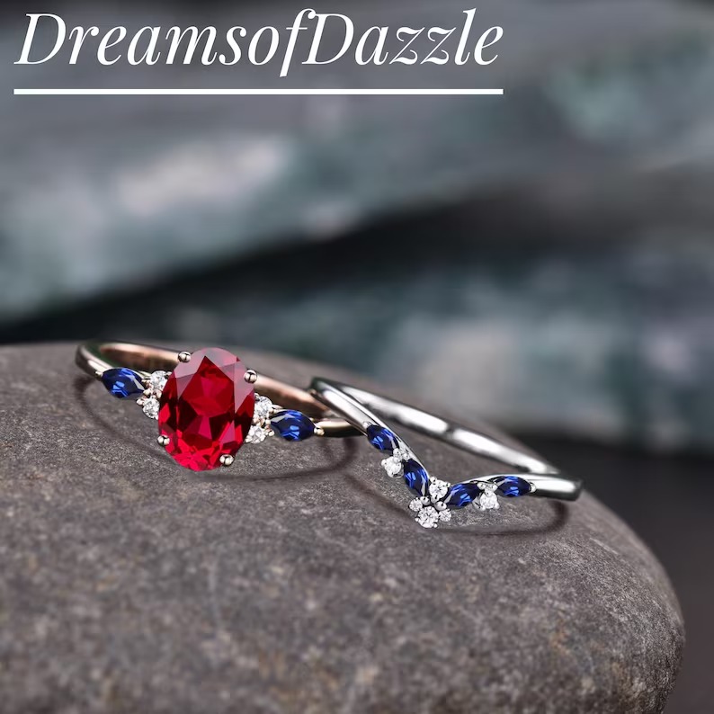 Vintage Oval Red Ruby Engagement Ring Set, Antique Unique Cluster Diamond Bridal Wedding Ring Set, Sapphire Wedding Band, Promise Ring