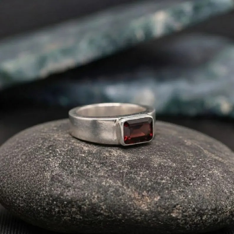 Red Garnet Signet Ring, 925 Sterling Silver, Simple Men And Women Baguette Cut Red Garnet Gemstone Jewelry, Christmas Gift, Promise Ring