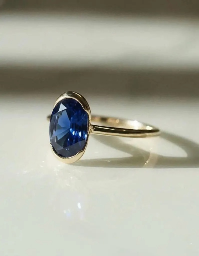 3 CT Fancy Half Bezel Setting Oval Cut Sapphire Engagement Ring, Solitaire Oval Wedding Ring, Personalized Jewelry, Sapphire Gifts For Women