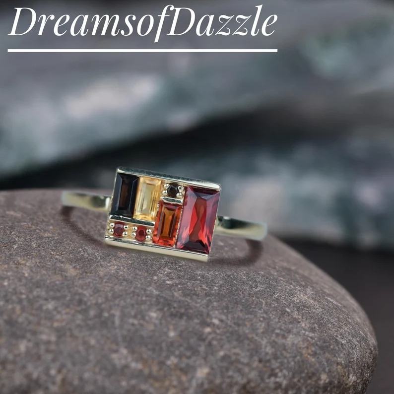 Unique Multi Gemstone Box Ring 14K Solid Gold Baguette Garnet Statement Ring, Art Deco Engagement Ring, Fine Jewelry Valentines Gift For Her