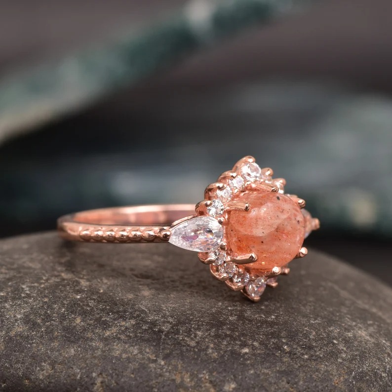 Round Cut Natural Sunstone Engagement Ring, Gemstone Heal Crystal Ring, Energy Jewelry Gift Women, Promise Ring, Minimalist Wedding Ring
