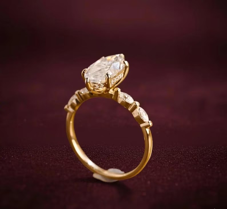 Marquise Cut Moissanite Engagement Ring, Hidden Halo Weeding Ring With Marquise Side Gemstone Accent Ring, Anniversary & Bridal Gift For Her