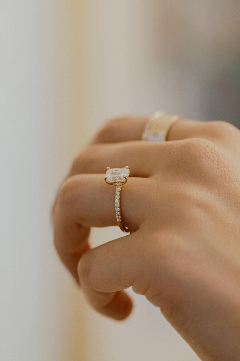 2.5ct Emerald Cut Moissanite Engagement Ring, Solitaire Moissanite Gold Promise Ring, Bridal Wedding Ring, Delicate Anniversary Ring Gifts