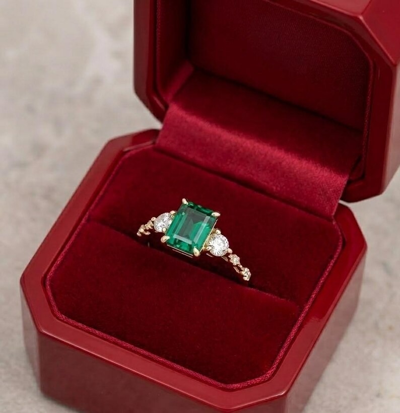 Green Emerald Engagement Ring, Classic Gold Ring with Diamond Accents, Vintage Emerald Cut Green Gemstone Ring, Christmas Gift, Gift For Her