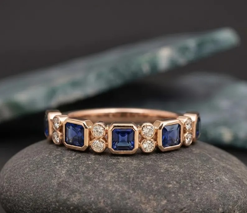 Princess Cut Sapphire Band, Moissanite Sapphire Ring, Dainty Blue Promise Ring, Half Eternity Stacking Matching Band, Bridal Ring for Women