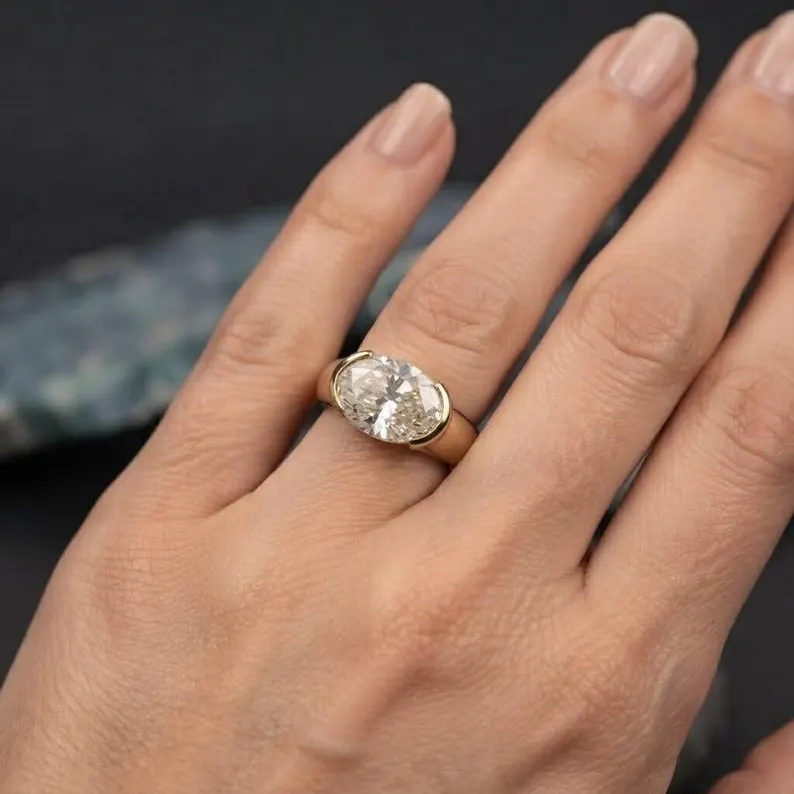 2.00 Ct Bezel Set Moissanite Ring, Oval Moissanite Ring, East-West Moissanite Engagement Ring Solitaire Wedding Ring Thick Band Diamond Ring