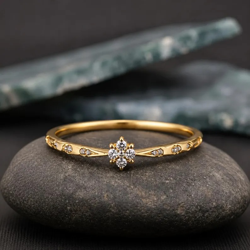 Round Cut Moissanite Flower Cluster Ring, Vintage Diamond Accent Engagement Ring, Anniversary & Wedding Promise Ring For Her, Christmas Gift