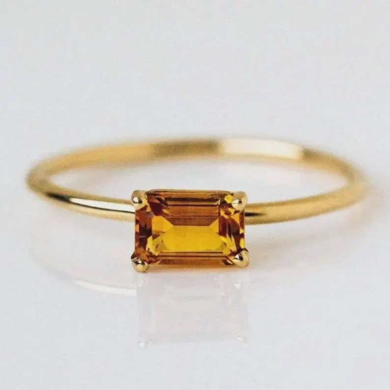 Citrine Solitaire Ring, Baguette Cut Yellow Gold Citrine Gemstone Ring, November Birthstone Ring, Minimalist Engagement Ring Gift For Her