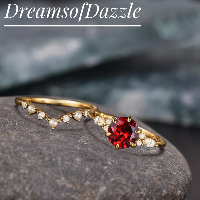 Vintage Round Red Ruby Engagement Ring Set, Pearl Moissanite Cluster Gold Wedding Ring Set, Matching Promise Ring Set, Custom Ring For Women