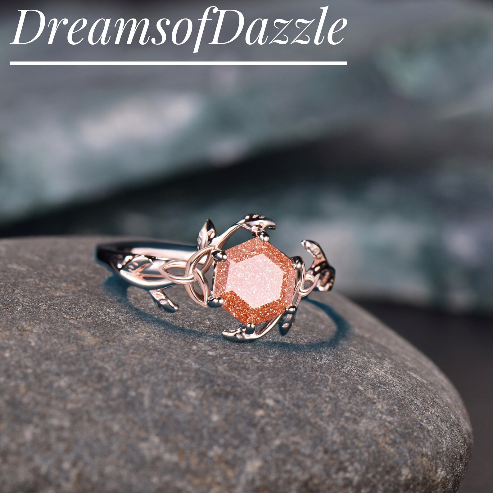 Hexagon Cut Natural Sunstone Engagement Ring, Solitaire Twig Sunstone Ring, Nature Inspired Branches Wedding Jewelry Gift For Her Girlfriend