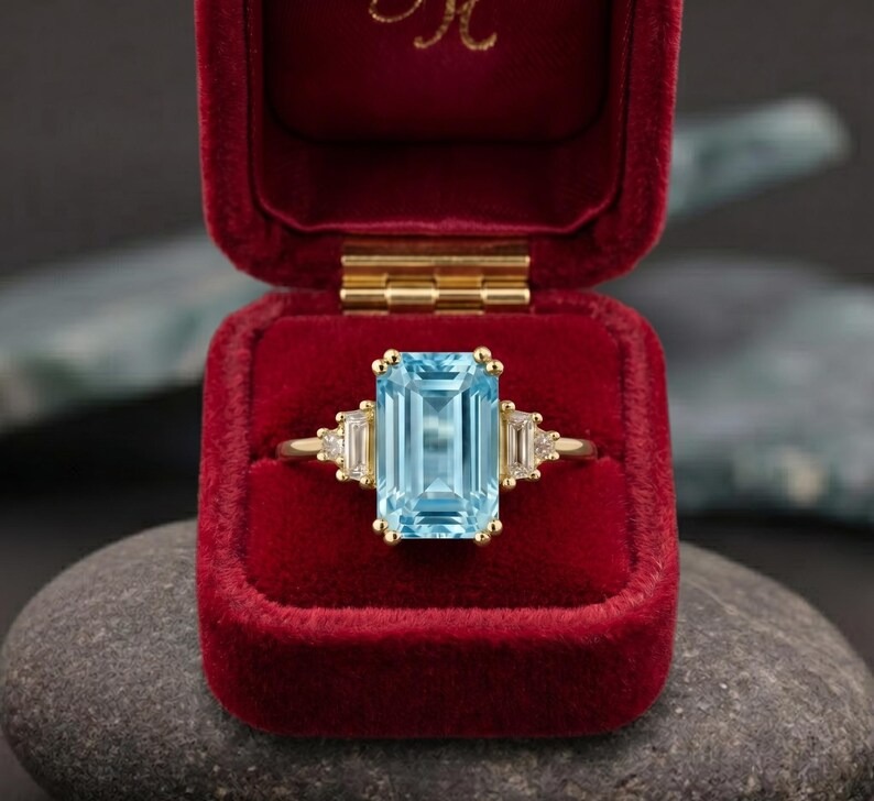 Emerald Cut Aquamarine Ring, Minimalist Aquamarine Engagement Ring, Blue Gemstone Promise Ring, 14k Solid Gold Ring, Birthday Gift For Her