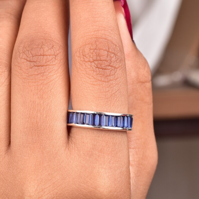 Full Eternity Stackable Band Lab Blue Sapphire Band CZ Solid 925 Sterling Silver Wedding Band, Eternity Band September Stone
