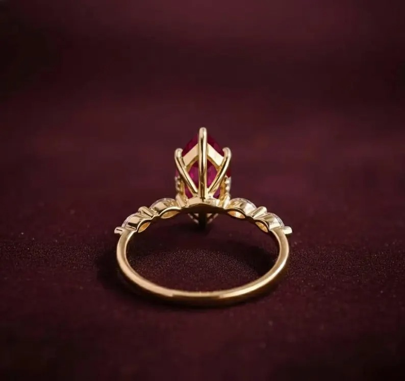 Ruby Ring, Marquise Cut Ruby Engagement Ring, Hidden Halo Weeding Ring With Marquise Side CZ Accent Ring, Anniversary & Bridal Gift For Her