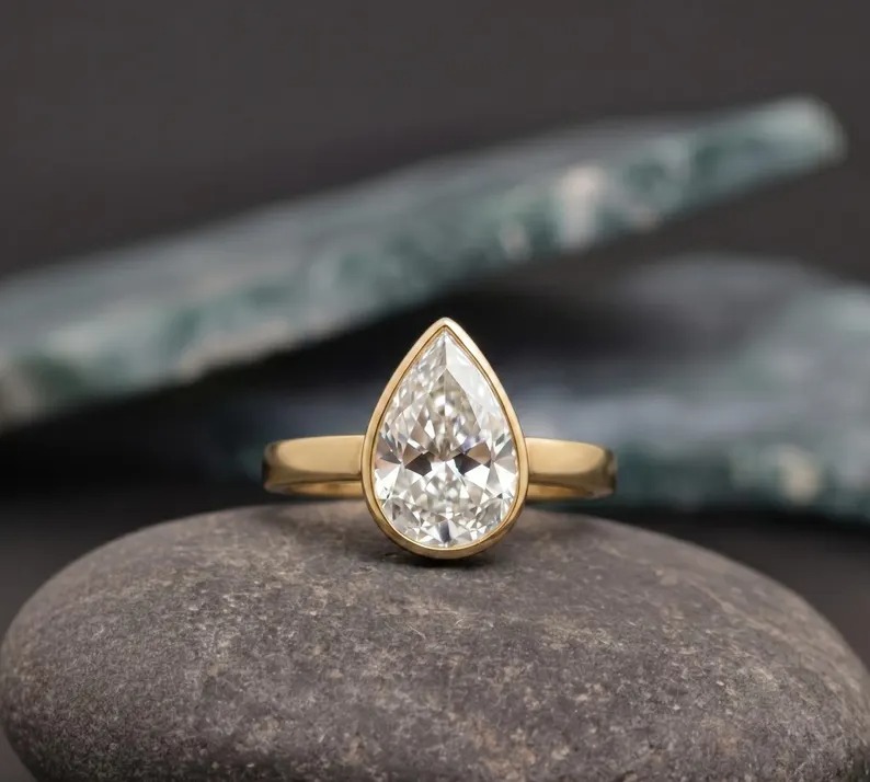 Pear Cut Moissanite Engagement Ring, Thick Band Solitaire Ring, Moissanite Wedding Bezel Set Ring, Moissanite Anniversary Ring For Women
