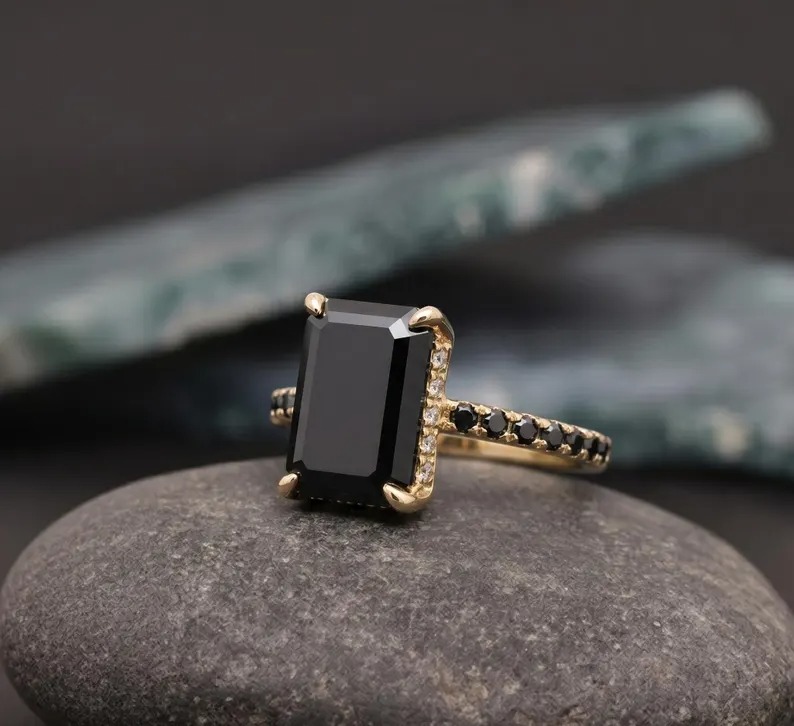 Art Deco Emerald Shaped Black Onyx Engagement Ring, 925 Silver Black Gemstone Wedding Ring Unique Black Onyx Bridal Anniversary Promise Ring