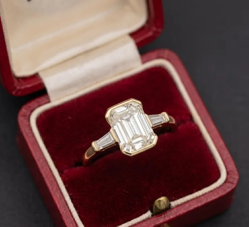 Emerald Cut Moissanite Engagement Ring, 14K Gold Bezel Setting Wedding Ring, Three Stone Diamond Baguette Cluster Ring, Promise Ring for Her