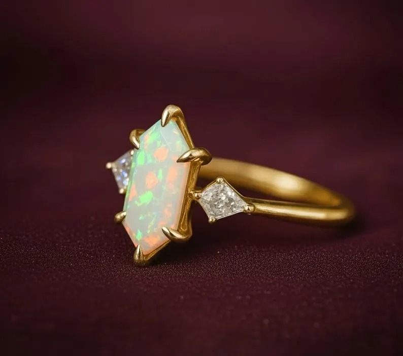 Hexagon Cut Opal Wedding Ring, Rose Gold Vintage Kite Diamond Stackable Matching Ring, Art Deco Three Stone Ring, Anniversary Ring For Women