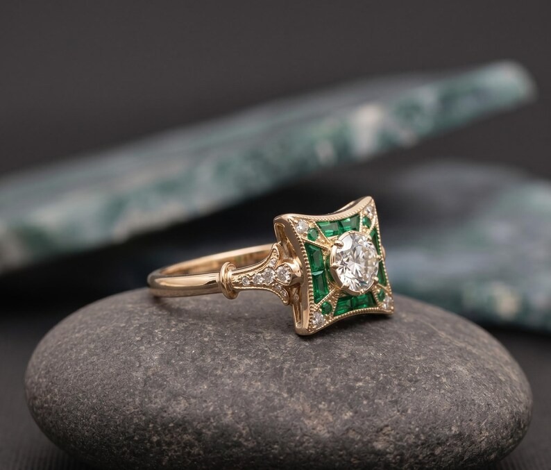 Green Emerald & Moissanite Ring, Art Deco Cluster Engagement Ring, Princess Cut Ring, Antique Style Green Stone Ring, Geometric Bridal Ring