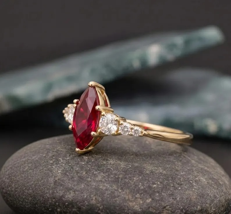 Vintage Inspired Ruby Ring, Marquise Cut Red Gemstone Ring, Diamond Round Accent Ring, Elegant Promise Ring for Women, Handmade Fine Jewelry