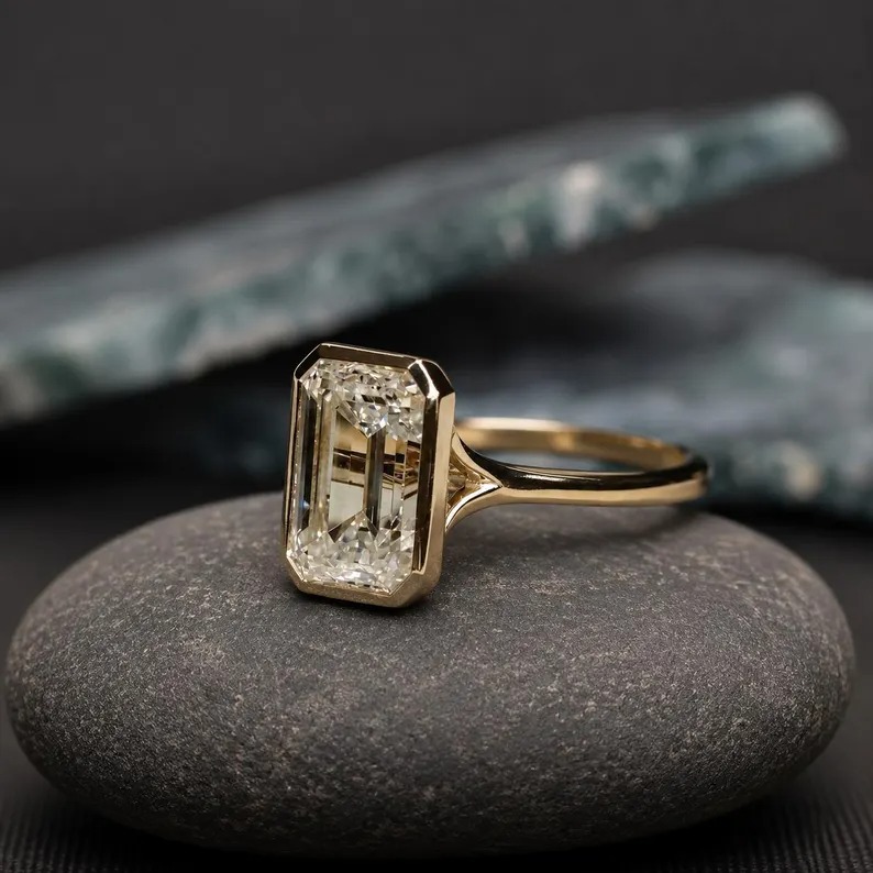 3 CT Emerald Cut Moissanite Engagement Ring 14K Gold Ring Bezel Set Wedding Rings Moissanite Bezel Set Solitaire Ring Promise Ring for Women